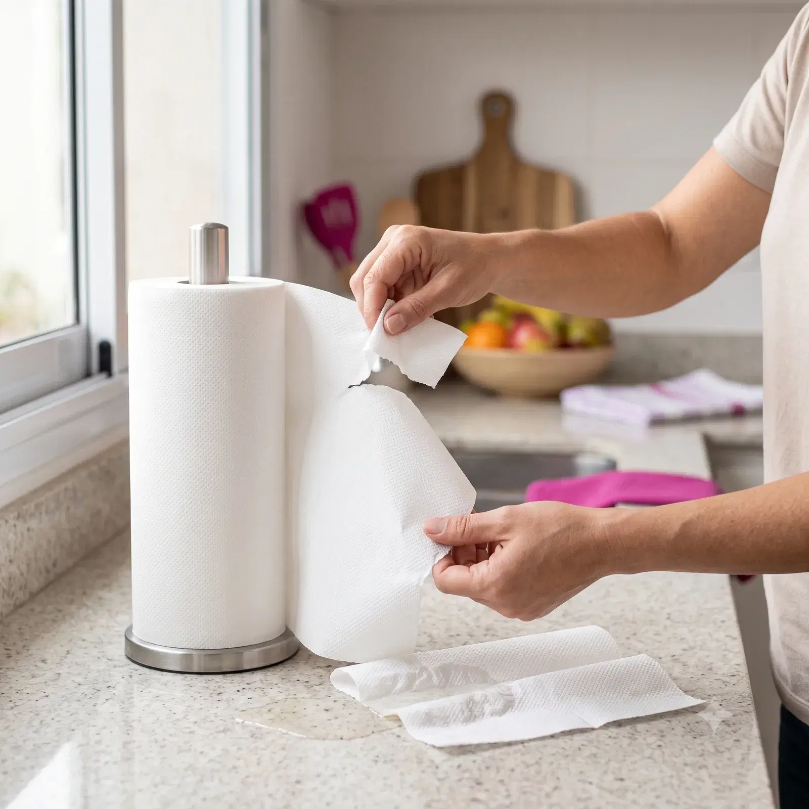 Persona cortando una hoja de un rollo de cocina New Pel sobre la mesada